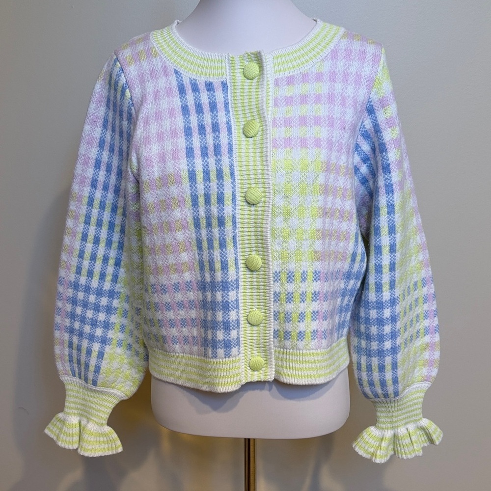 LoveShackFancy Pastel Gingham Knit Cardigan Ruffle Cuff Button Front Size M